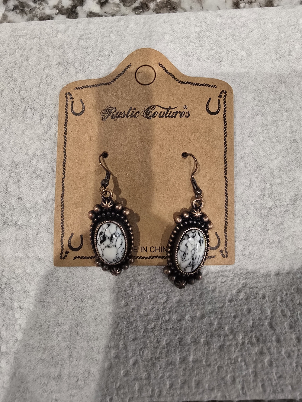 Rustic Couture White Marble Oval Dangle Earrings with Antique Copper Finish